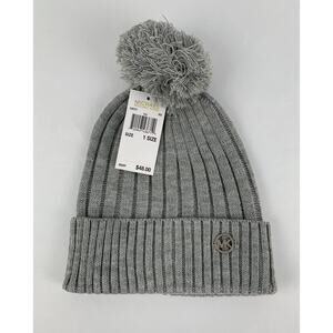 MICHAEL Michael Kors Grey Ribbed Beanie With Pom Pom. Women's One Size